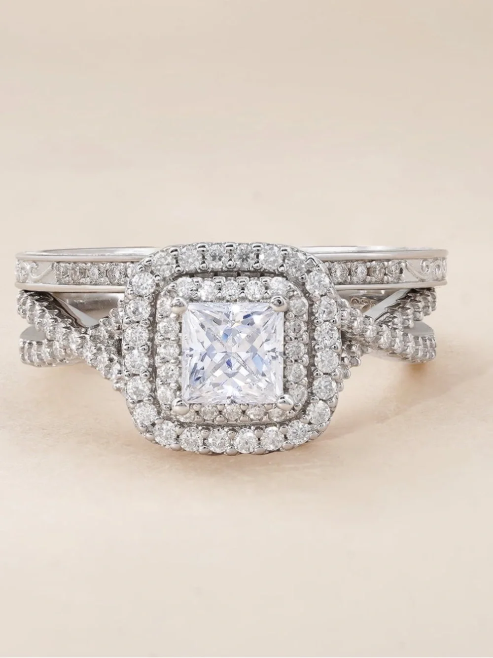 💎 diamond Moissanite Double Halo Wedding Ring Set in Silver